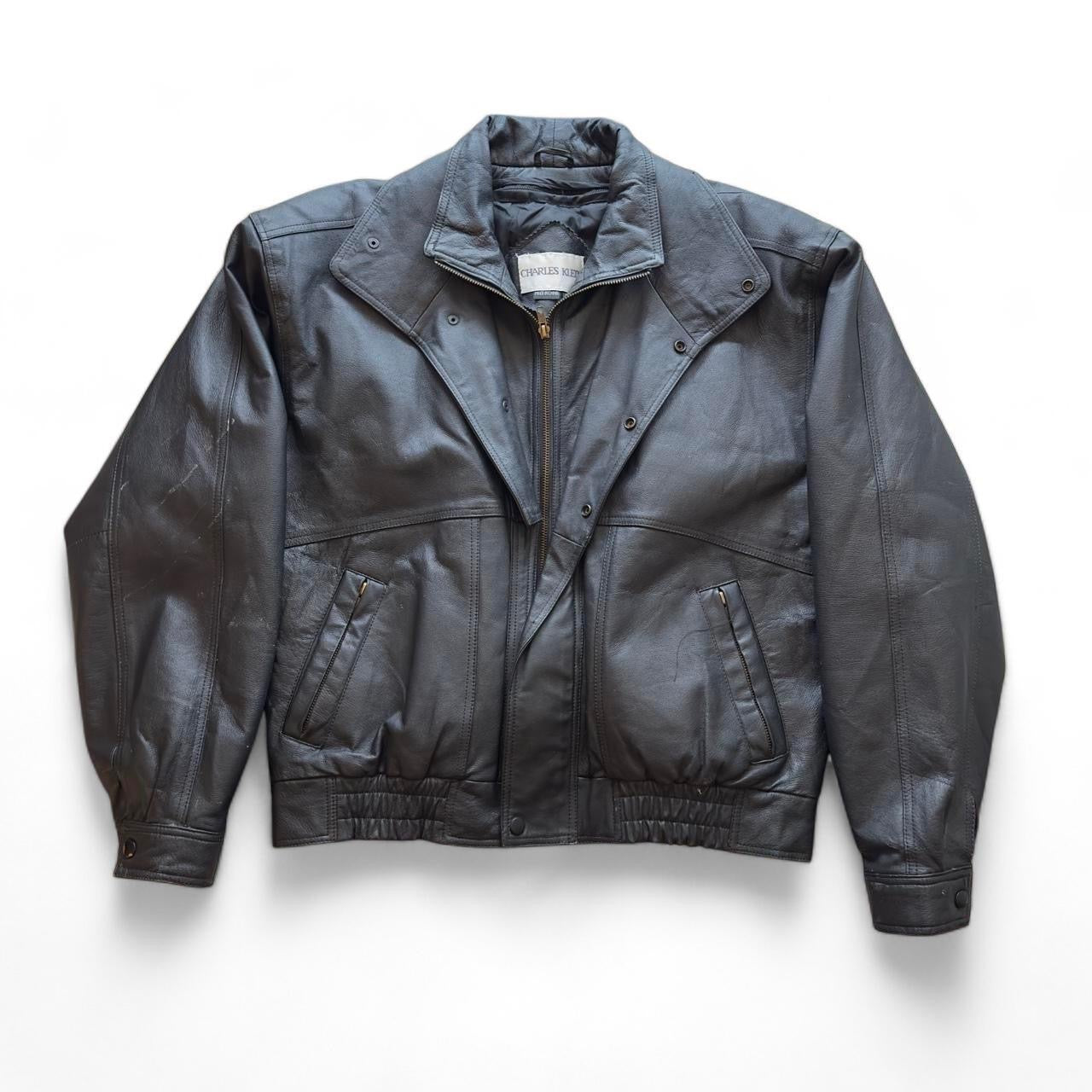 Vintage Black Leather Collared Bomber jacket (L)