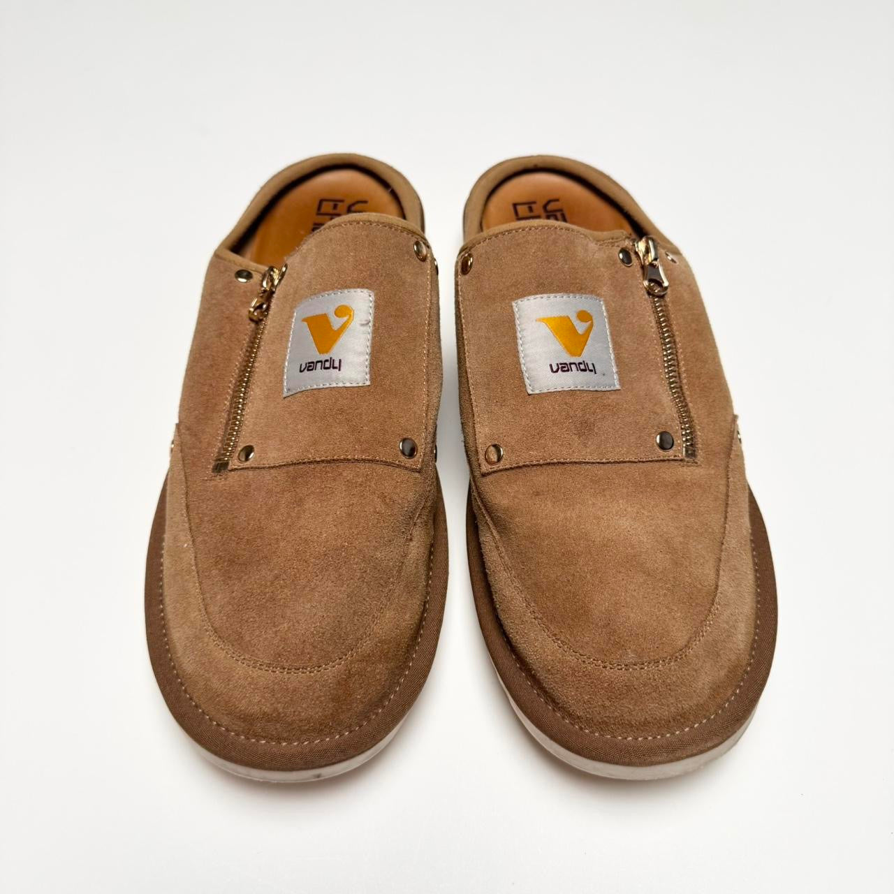 Vandy The Pink Tan Suede Construction Mules (12)