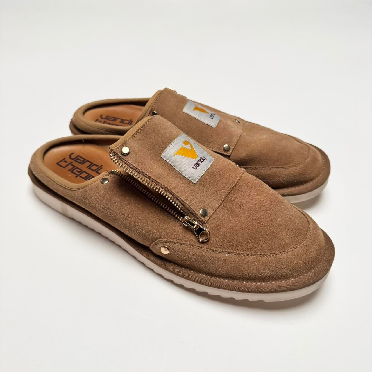Vandy The Pink Tan Suede Construction Mules (12)