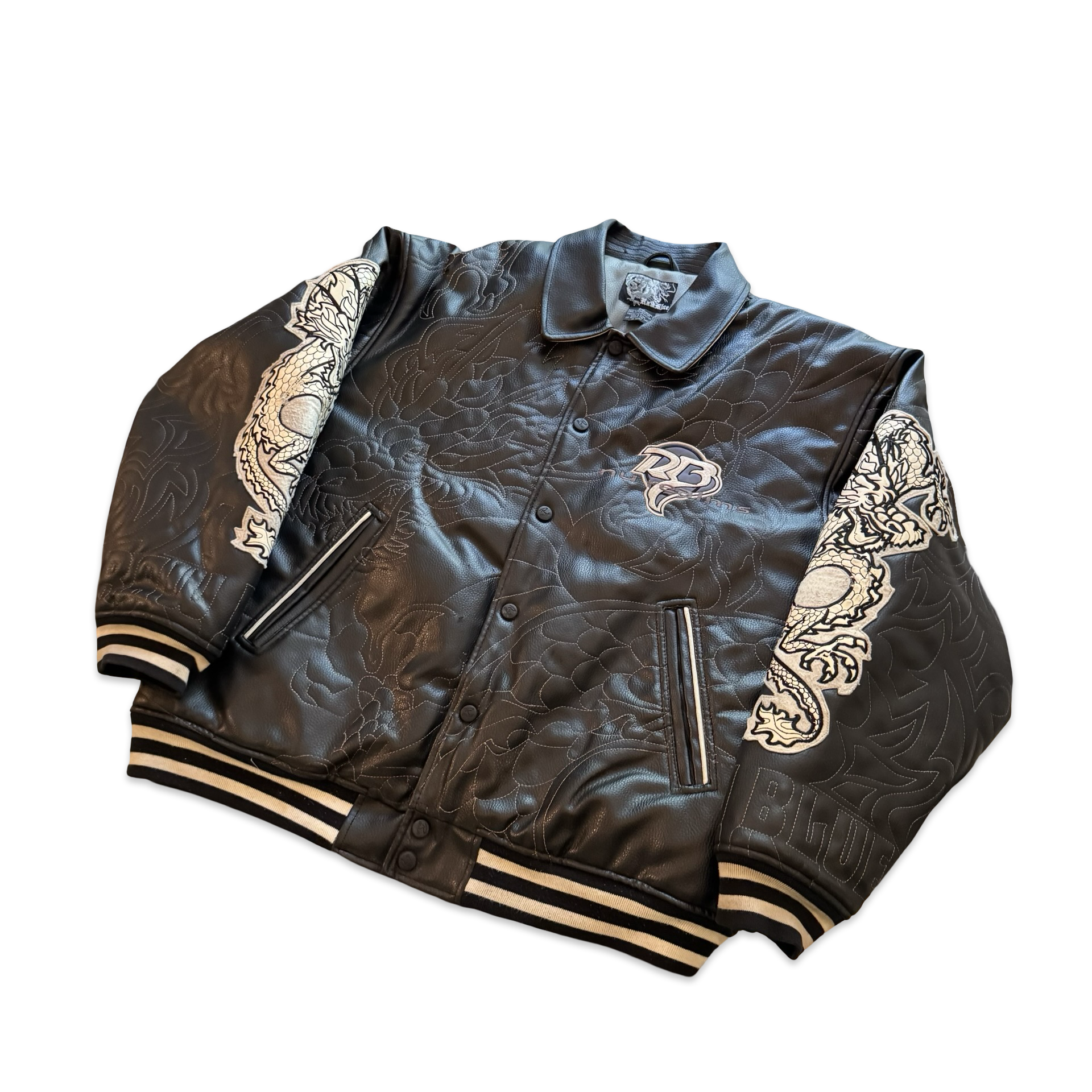 2000s Raw Blue Embroidered Twin Dragons Jacket (XXL)