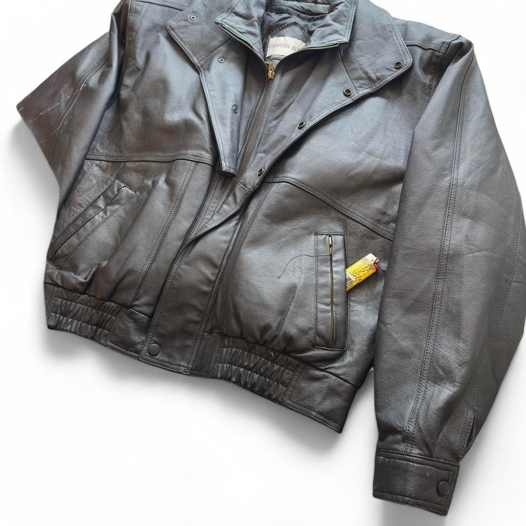 Vintage Black Leather Collared Bomber jacket (L)